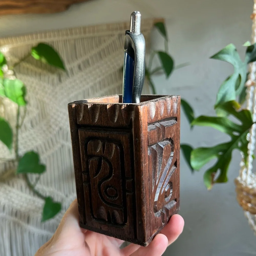 Vintage Hand-Carved Wooden Pen Holder | Boho Rustic Desk Organizer Artisan Wood